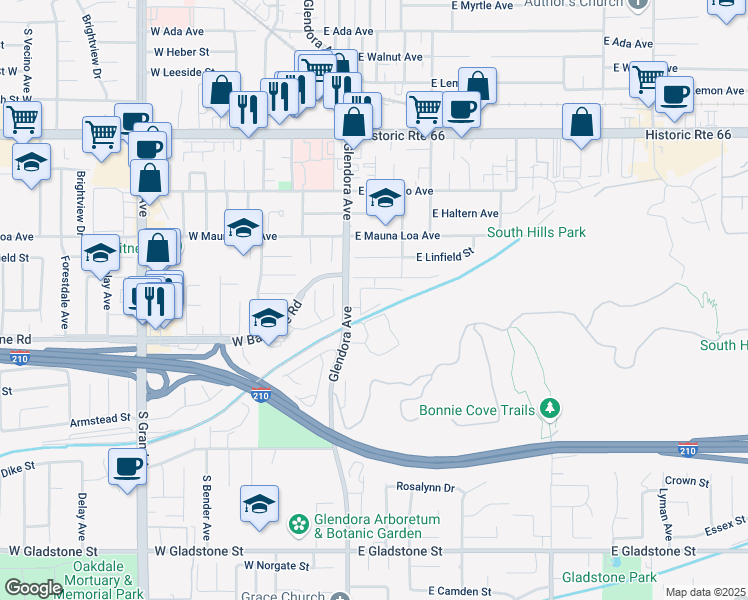 map of restaurants, bars, coffee shops, grocery stores, and more near 946 South Glendora Avenue in Glendora