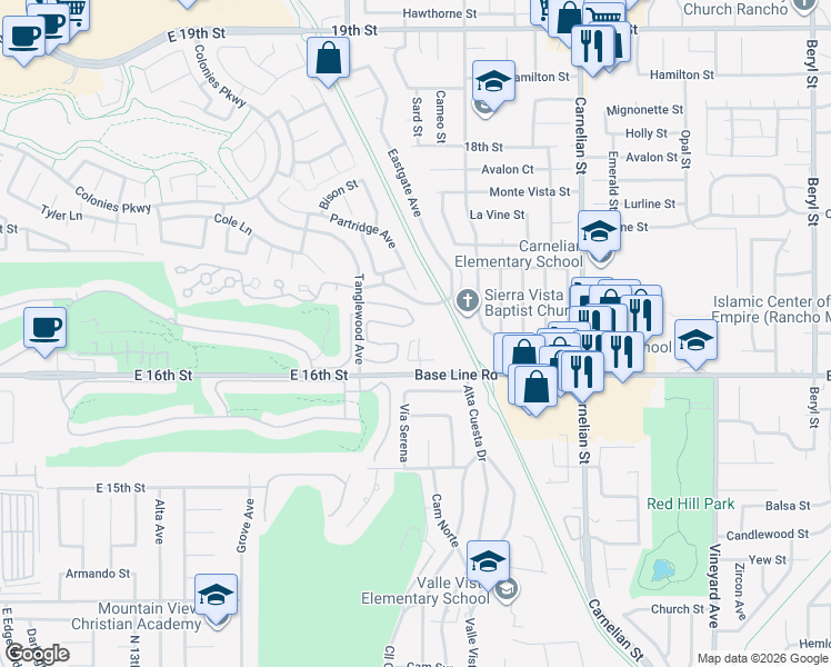 map of restaurants, bars, coffee shops, grocery stores, and more near 1720 Riviera Drive in Upland