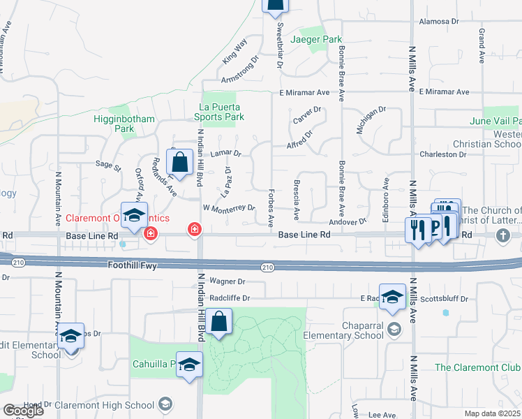 map of restaurants, bars, coffee shops, grocery stores, and more near 143 West Monterrey Drive in Claremont
