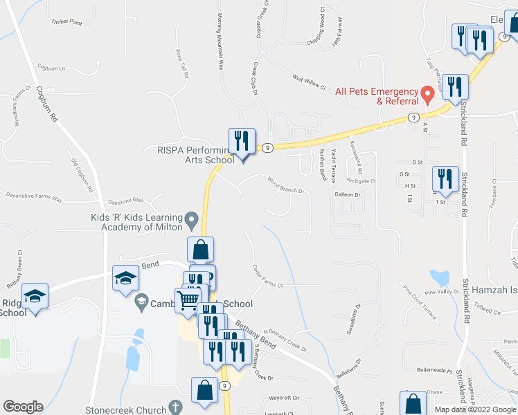 map of restaurants, bars, coffee shops, grocery stores, and more near 485 Pine Bough Court in Alpharetta