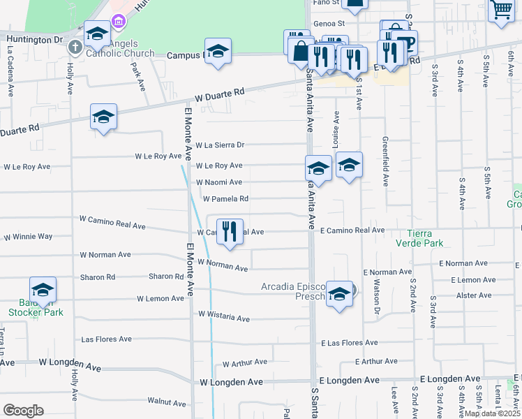 map of restaurants, bars, coffee shops, grocery stores, and more near 57 West Pamela Road in Arcadia