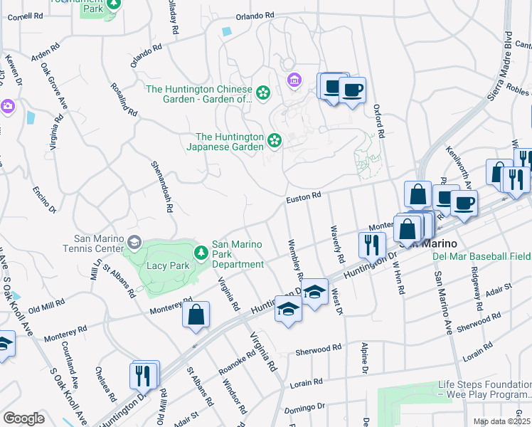 map of restaurants, bars, coffee shops, grocery stores, and more near 1727 Euston Road in San Marino