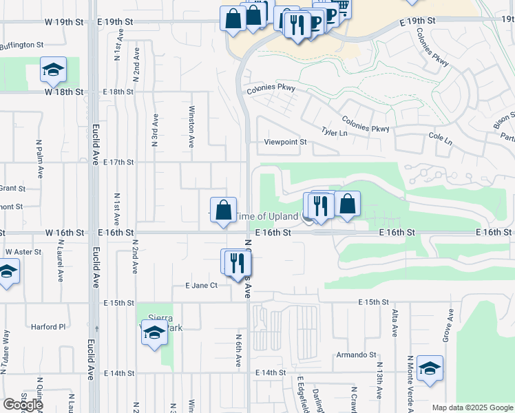 map of restaurants, bars, coffee shops, grocery stores, and more near 728 Pebble Beach Drive in Upland
