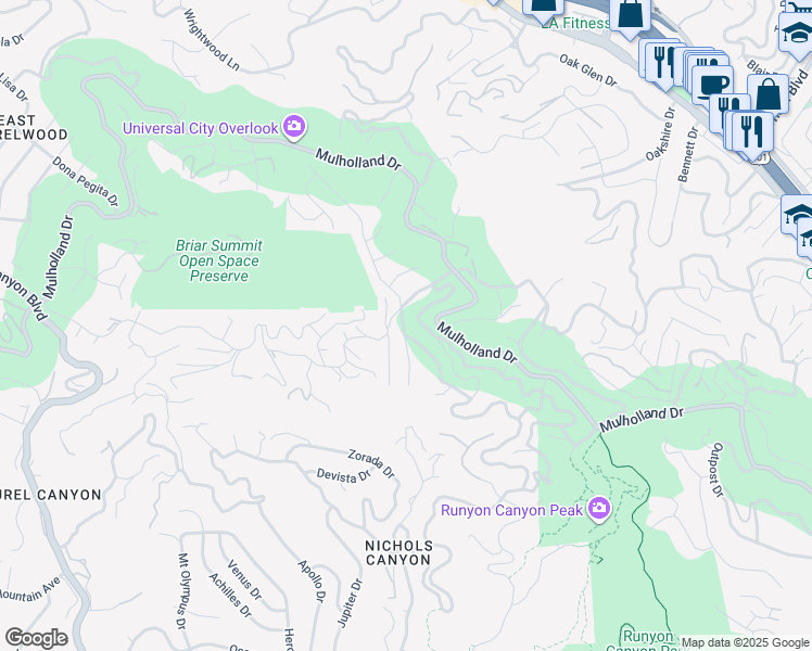 map of restaurants, bars, coffee shops, grocery stores, and more near 2880 Nichols Canyon Road in Los Angeles