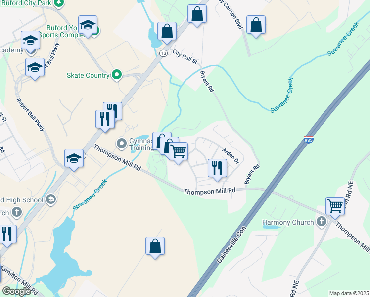 map of restaurants, bars, coffee shops, grocery stores, and more near 4621 Amberwyck Court in Buford