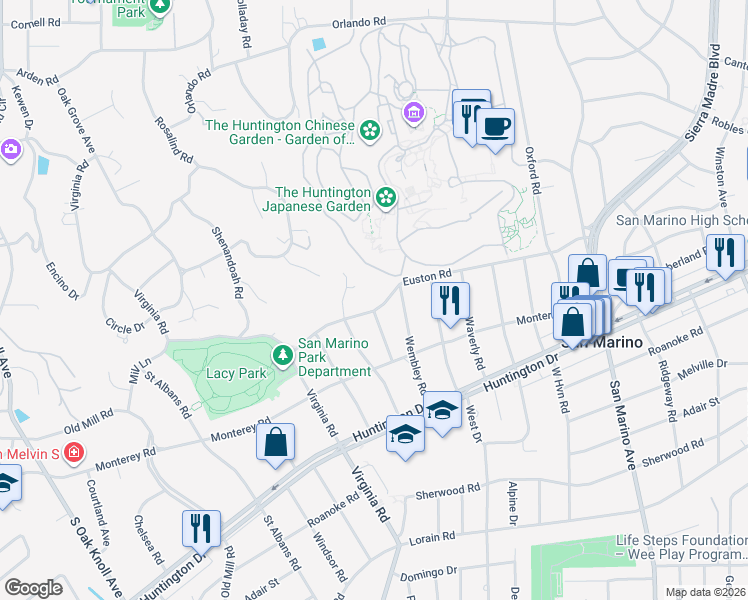 map of restaurants, bars, coffee shops, grocery stores, and more near 1727 Euston Road in San Marino