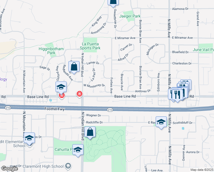 map of restaurants, bars, coffee shops, grocery stores, and more near 143 West Monterrey Drive in Claremont