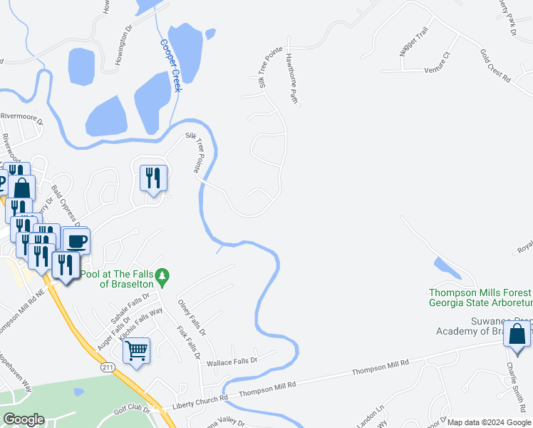 map of restaurants, bars, coffee shops, grocery stores, and more near 7240 Silk Tree Pointe in Braselton