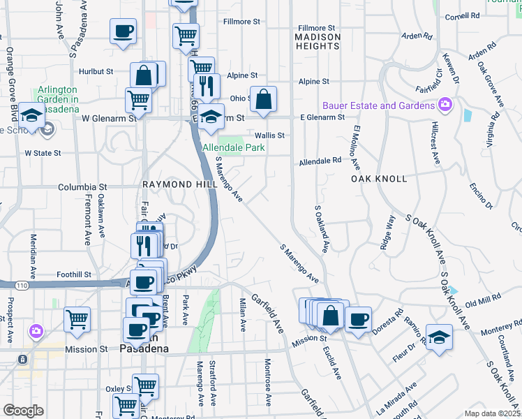 map of restaurants, bars, coffee shops, grocery stores, and more near 1340 South Marengo Avenue in Pasadena