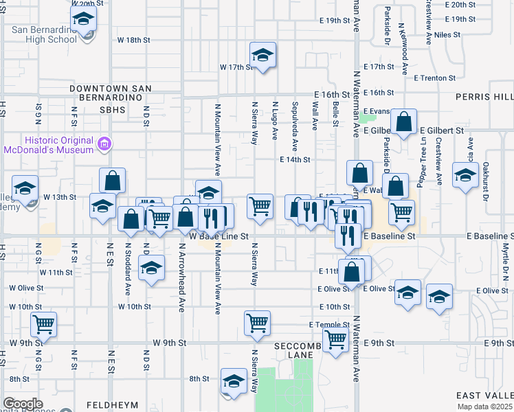 map of restaurants, bars, coffee shops, grocery stores, and more near 1305 North Sierra Way in San Bernardino
