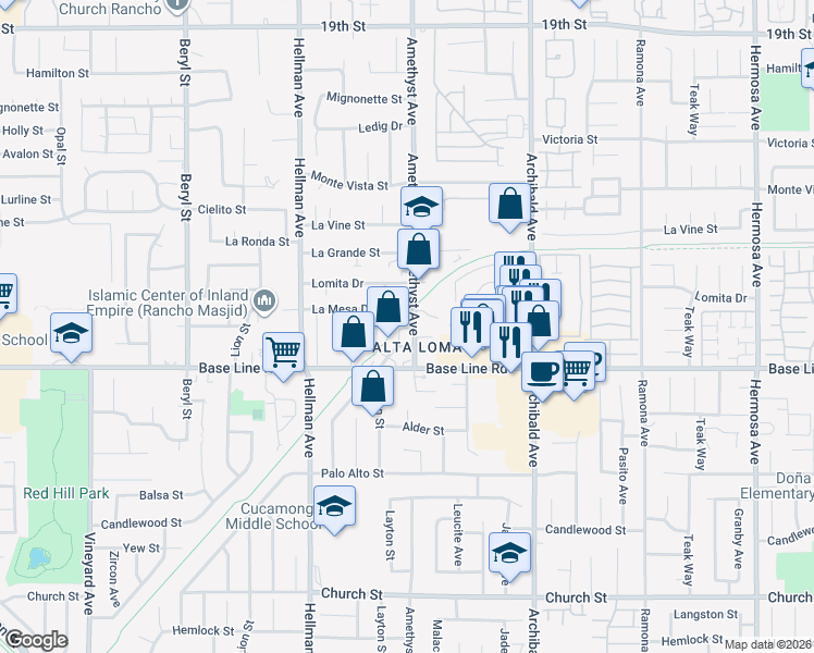 map of restaurants, bars, coffee shops, grocery stores, and more near 7166 Amethyst Avenue in Rancho Cucamonga
