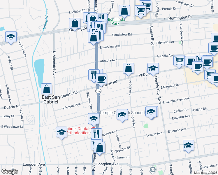 map of restaurants, bars, coffee shops, grocery stores, and more near 9053 Duarte Road in San Gabriel
