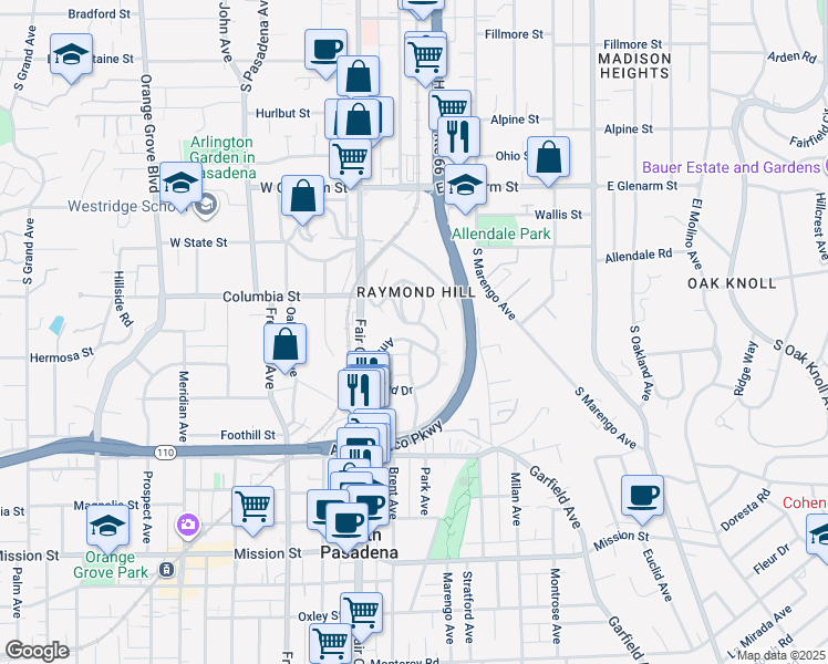 map of restaurants, bars, coffee shops, grocery stores, and more near in South Pasadena