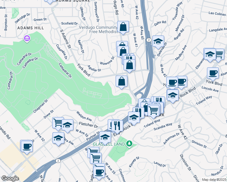 map of restaurants, bars, coffee shops, grocery stores, and more near 3883 Filion Street in Los Angeles
