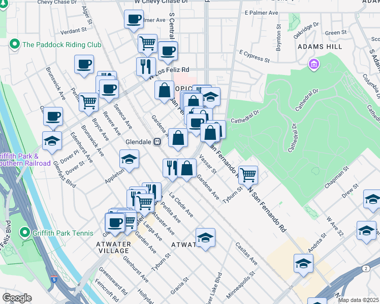 map of restaurants, bars, coffee shops, grocery stores, and more near 336 Mira Loma Avenue in Glendale