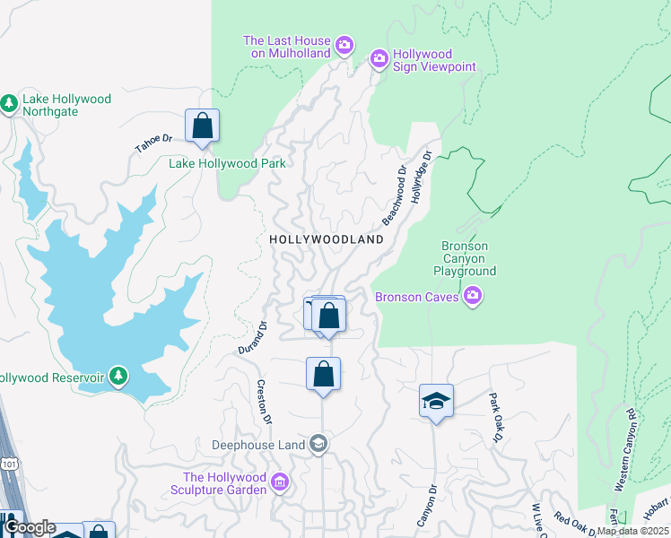 map of restaurants, bars, coffee shops, grocery stores, and more near 2932 Ledgewood Drive in Los Angeles