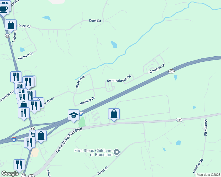 map of restaurants, bars, coffee shops, grocery stores, and more near 263 Brookstone Trail in Braselton