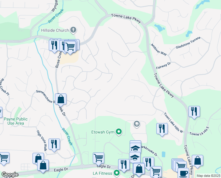 map of restaurants, bars, coffee shops, grocery stores, and more near 2511 Garden Plum Way in Woodstock