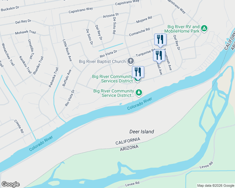 map of restaurants, bars, coffee shops, grocery stores, and more near 150217 Blue Water Road in Big River