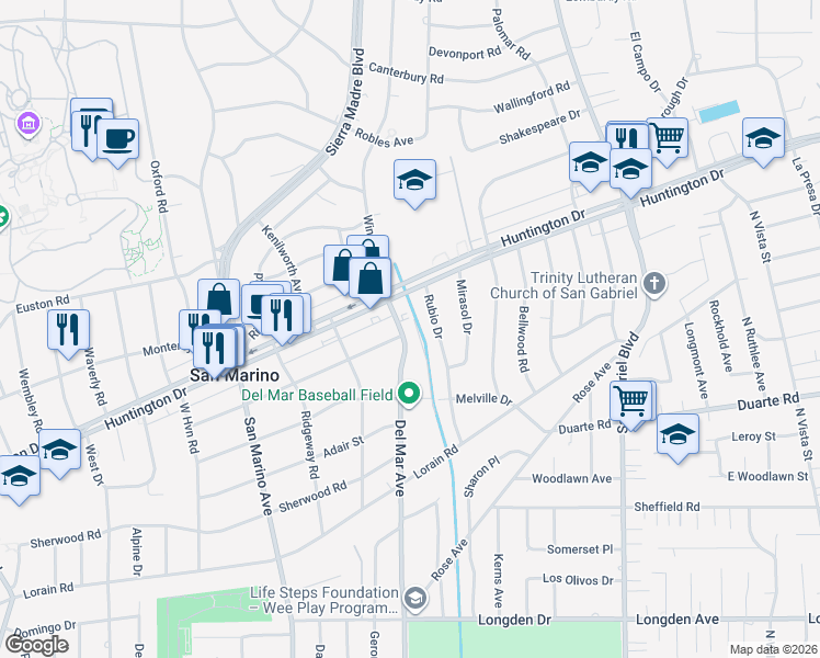 map of restaurants, bars, coffee shops, grocery stores, and more near 1470 Del Mar Avenue in San Marino