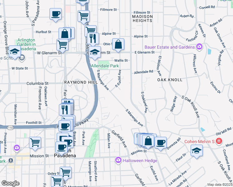 map of restaurants, bars, coffee shops, grocery stores, and more near 1340 South Marengo Avenue in Pasadena