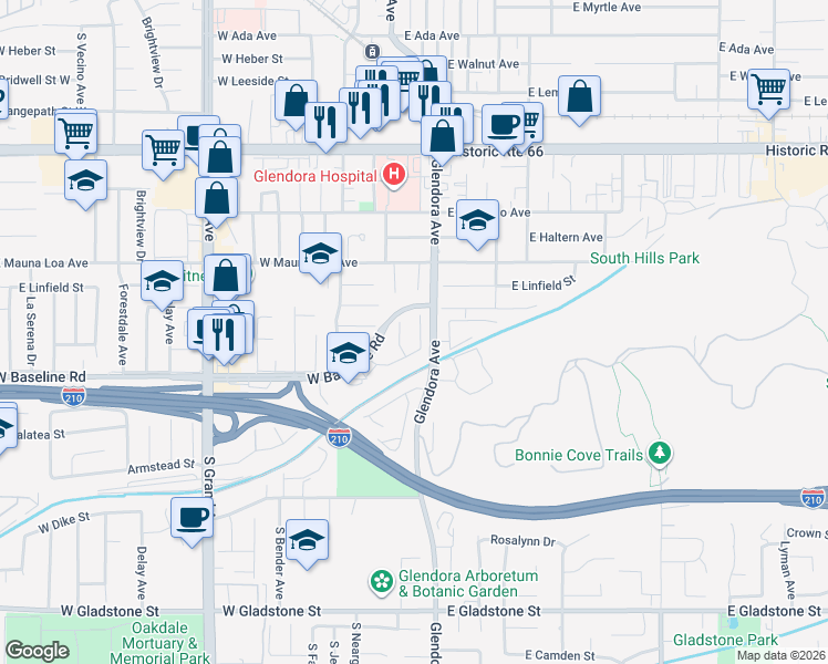 map of restaurants, bars, coffee shops, grocery stores, and more near 915 South Danehurst Avenue in Glendora