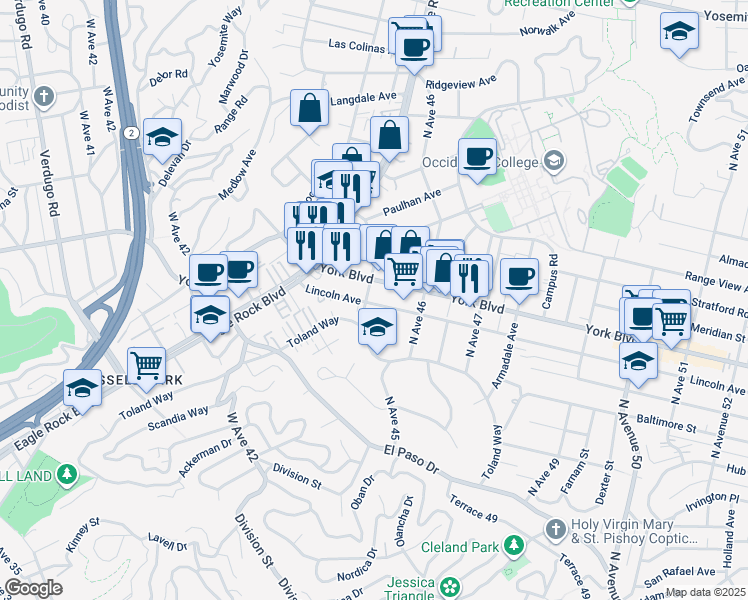 map of restaurants, bars, coffee shops, grocery stores, and more near 4500 York Boulevard in Los Angeles