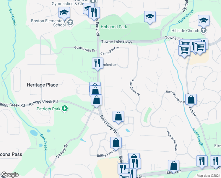 map of restaurants, bars, coffee shops, grocery stores, and more near 206 Southfork Way in Woodstock