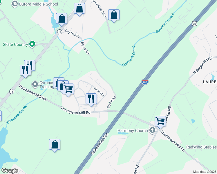 map of restaurants, bars, coffee shops, grocery stores, and more near 4600 Bryant Road in Buford