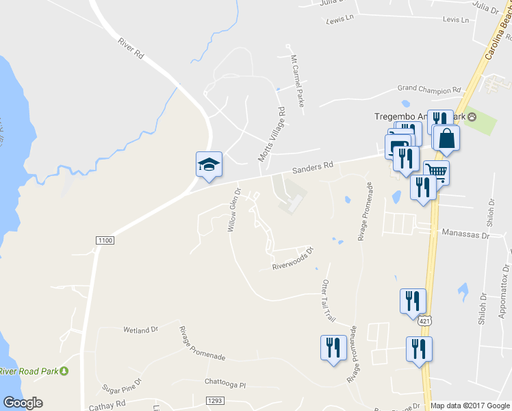 map of restaurants, bars, coffee shops, grocery stores, and more near 6362 Riverwoods Drive in Wilmington