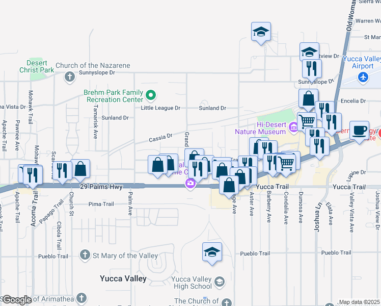 map of restaurants, bars, coffee shops, grocery stores, and more near 7199 Grand Avenue in Yucca Valley