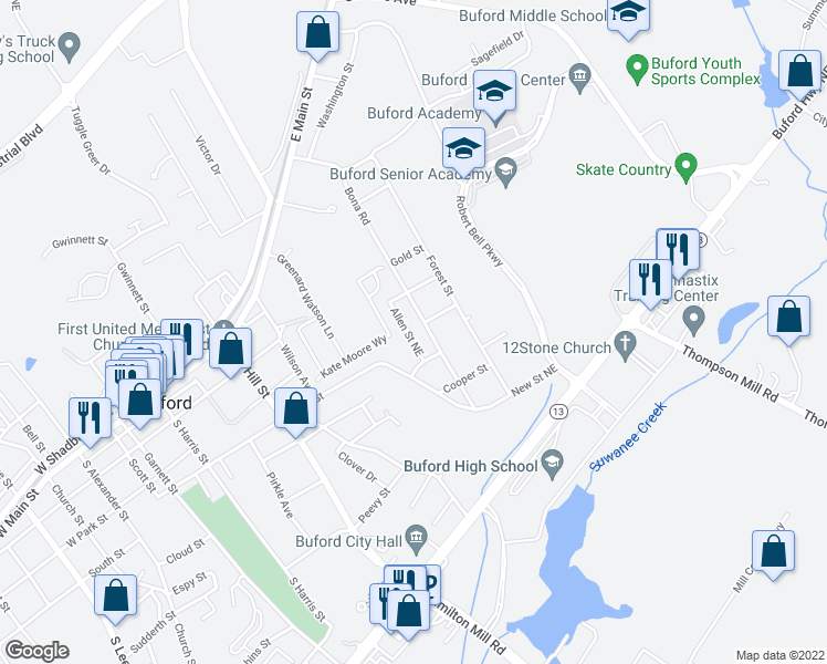 map of restaurants, bars, coffee shops, grocery stores, and more near 363 Bona Road in Buford
