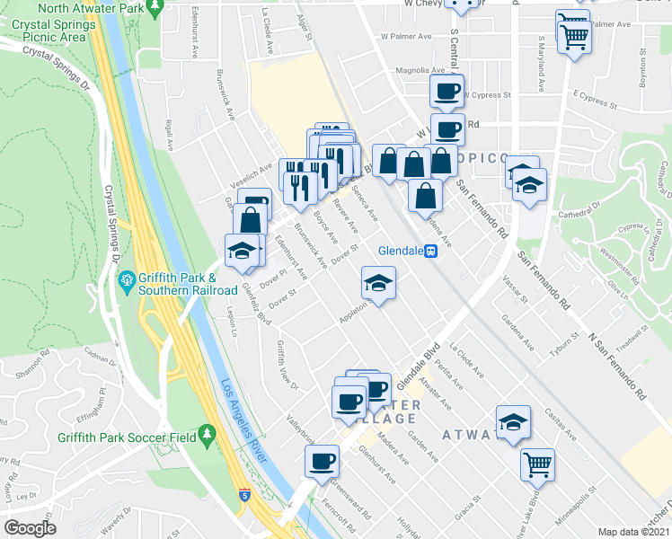 map of restaurants, bars, coffee shops, grocery stores, and more near Brunswick Avenue in Los Angeles