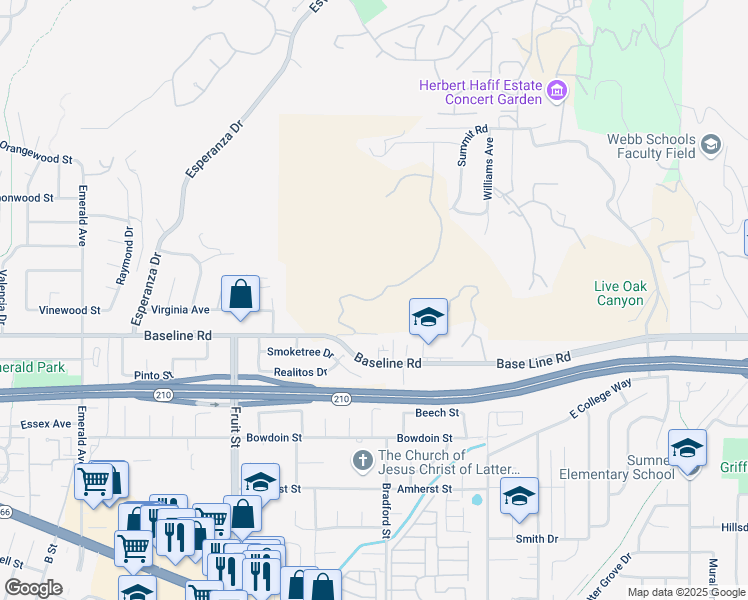 map of restaurants, bars, coffee shops, grocery stores, and more near Broken Spur Road in La Verne