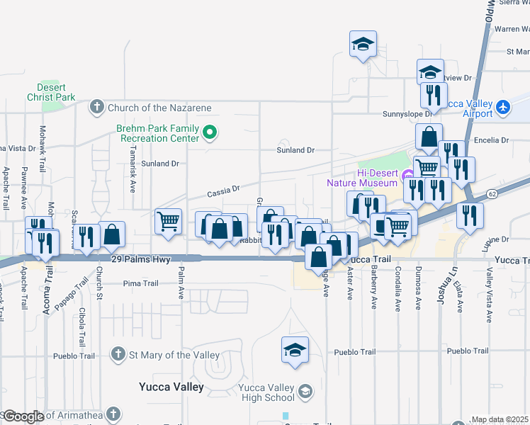 map of restaurants, bars, coffee shops, grocery stores, and more near 7199 Grand Avenue in Yucca Valley