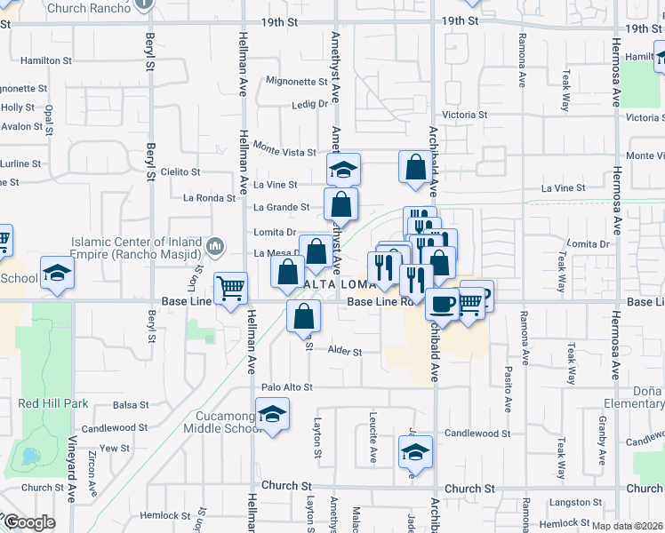 map of restaurants, bars, coffee shops, grocery stores, and more near 7166 Amethyst Avenue in Rancho Cucamonga