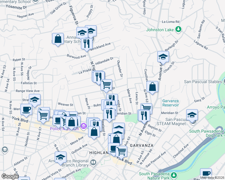 map of restaurants, bars, coffee shops, grocery stores, and more near 6178 Roy Street in Los Angeles