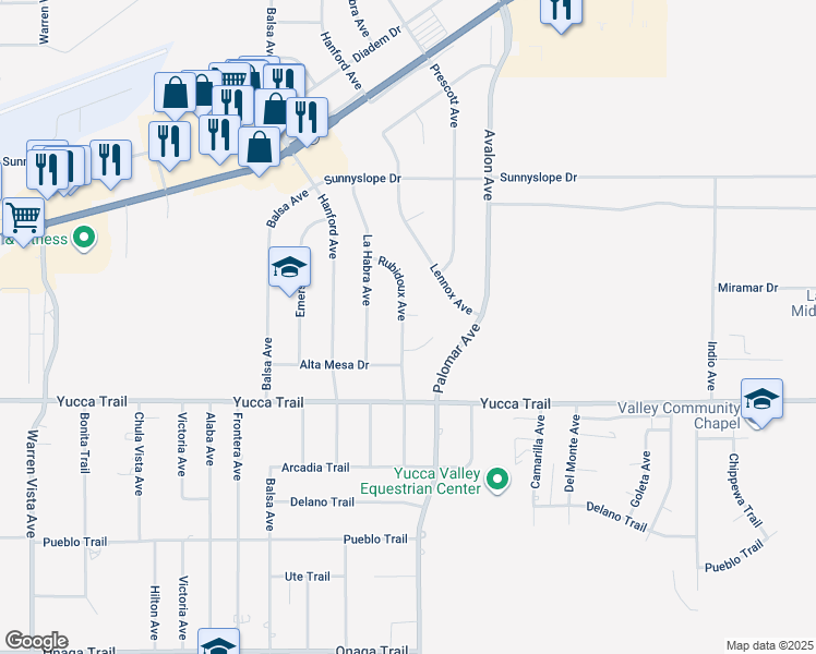 map of restaurants, bars, coffee shops, grocery stores, and more near 7165 Rubidoux Avenue in Yucca Valley