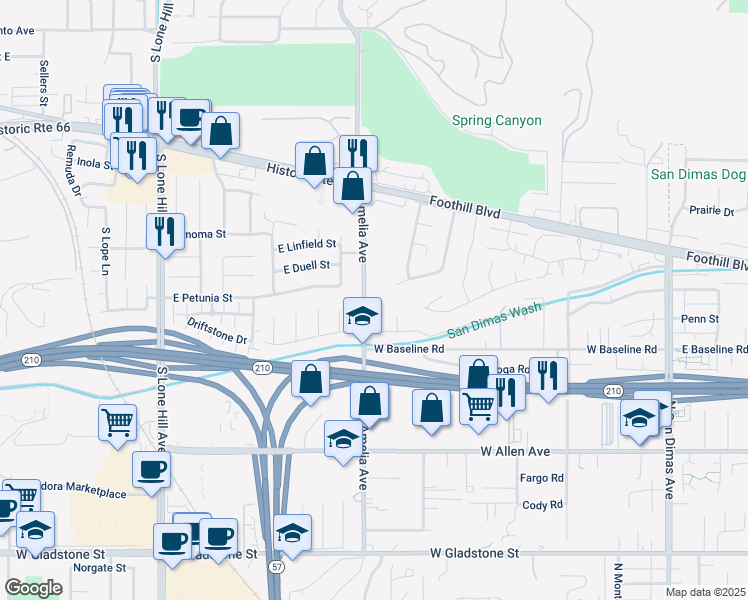 map of restaurants, bars, coffee shops, grocery stores, and more near 1172 Wagon Wheel Court in San Dimas