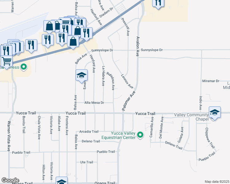 map of restaurants, bars, coffee shops, grocery stores, and more near 7165 Rubidoux Avenue in Yucca Valley