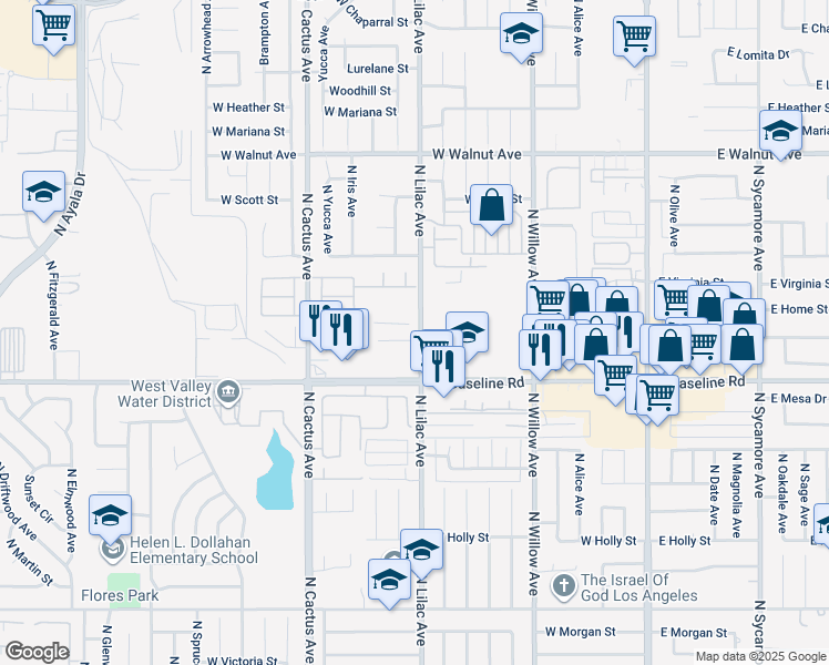 map of restaurants, bars, coffee shops, grocery stores, and more near 506 West Mariposa Drive in Rialto