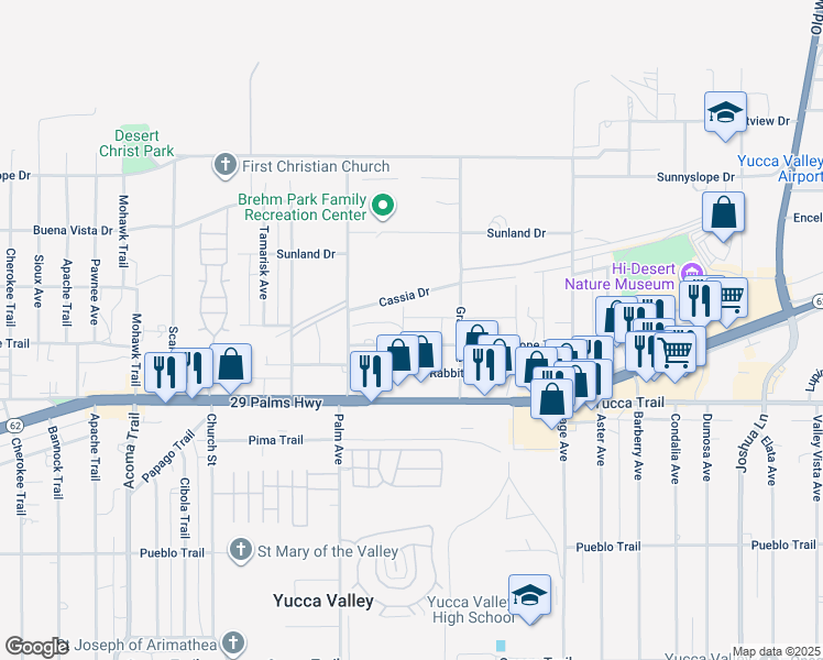 map of restaurants, bars, coffee shops, grocery stores, and more near 56610 Antelope Trail in Yucca Valley