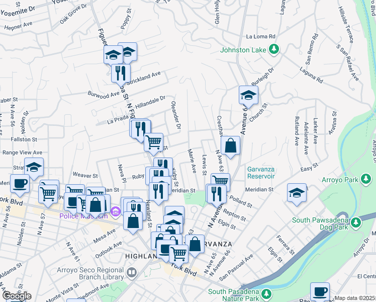 map of restaurants, bars, coffee shops, grocery stores, and more near Saylin Lane in Los Angeles
