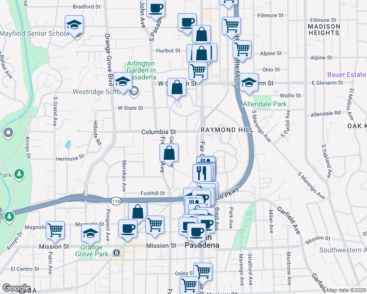 map of restaurants, bars, coffee shops, grocery stores, and more near 287 Grace Drive in South Pasadena