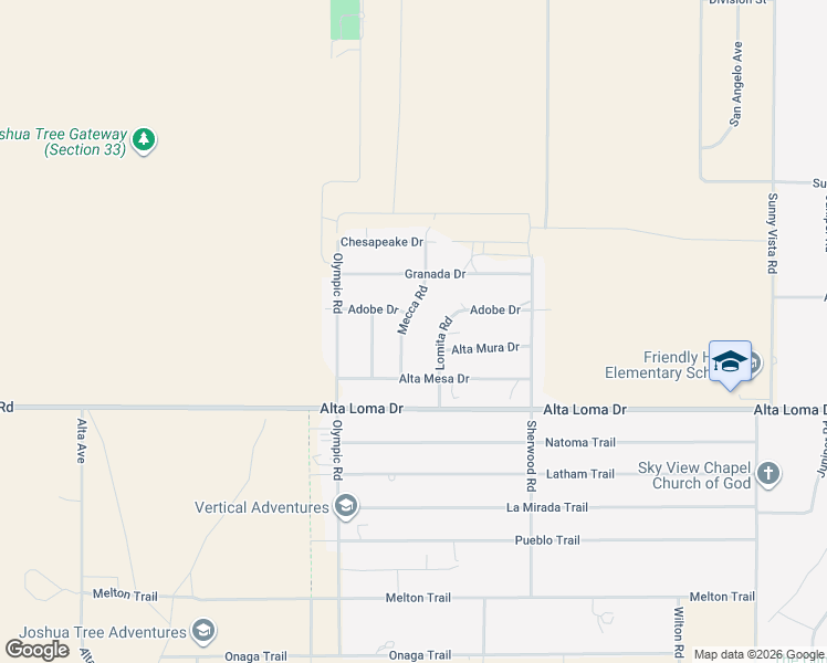 map of restaurants, bars, coffee shops, grocery stores, and more near 7131 Mecca Road in Joshua Tree