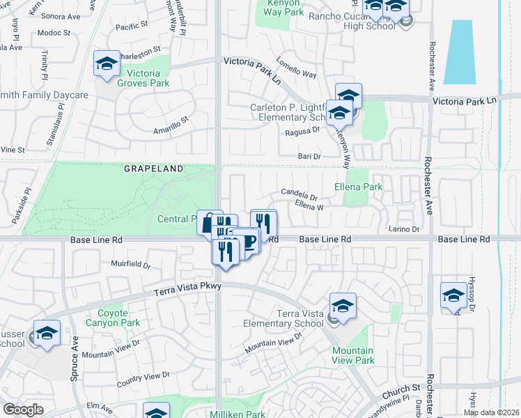 map of restaurants, bars, coffee shops, grocery stores, and more near 7185 Ravenswood Place in Rancho Cucamonga