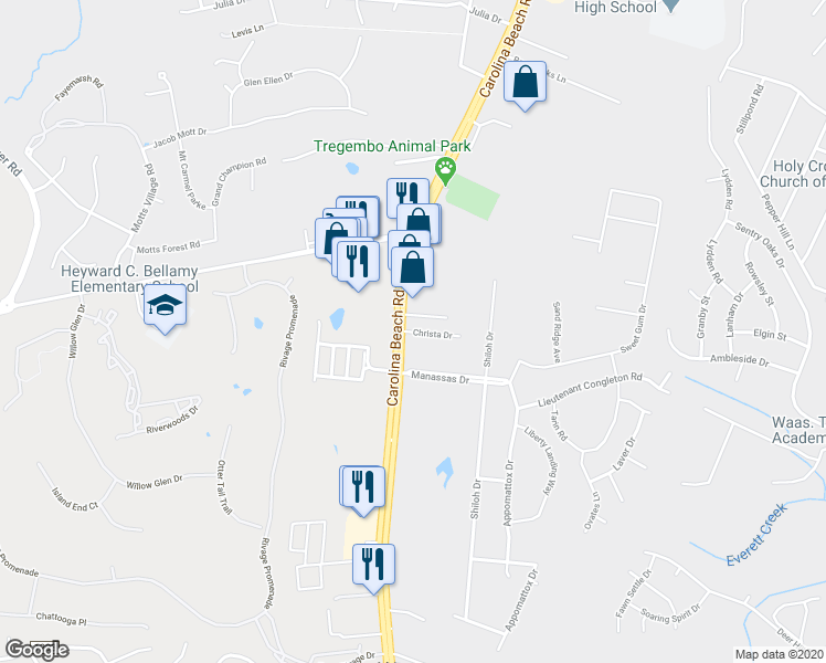 map of restaurants, bars, coffee shops, grocery stores, and more near 119 Christa Drive in Wilmington