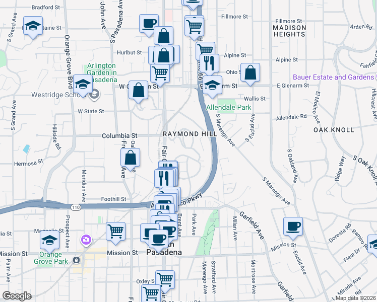 map of restaurants, bars, coffee shops, grocery stores, and more near 1621 Amberwood Drive in South Pasadena