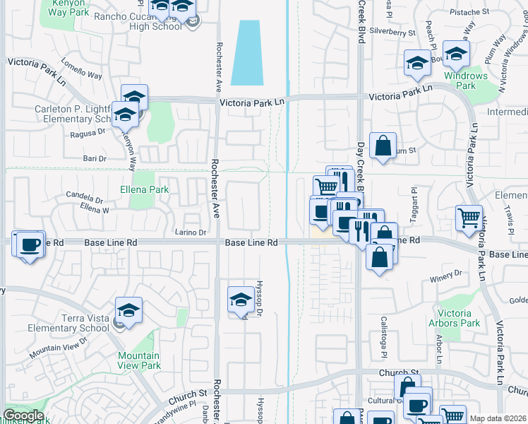 map of restaurants, bars, coffee shops, grocery stores, and more near 7184 Westhaven Place in Rancho Cucamonga