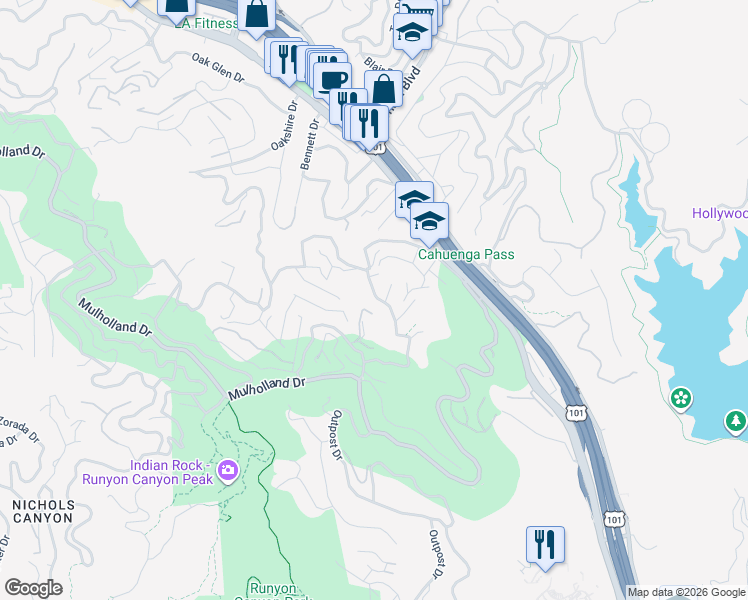 map of restaurants, bars, coffee shops, grocery stores, and more near 6815 Pacific View Drive in Los Angeles